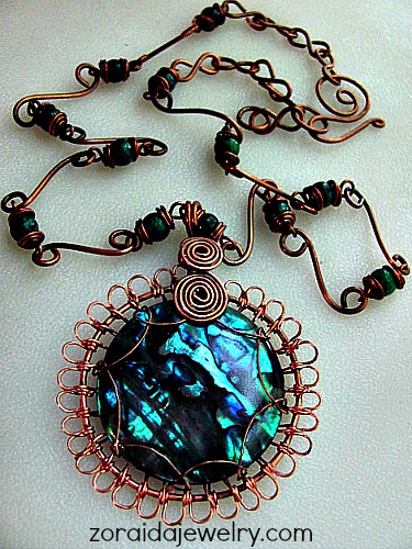 Dyed Abalone, Green Turquoise and copper wire